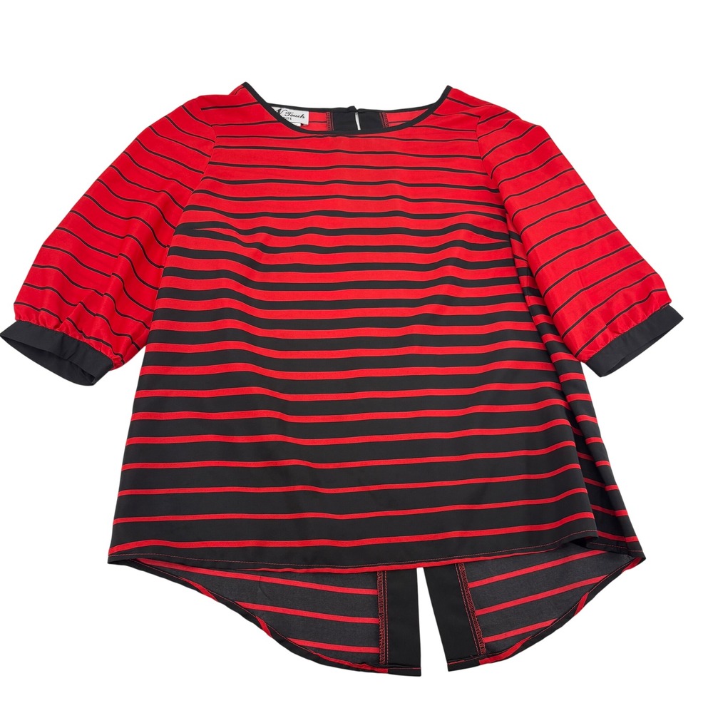 Vintage N Touch Petite Red Black Striped Split Back Hi-Low Blouse Womens Size M